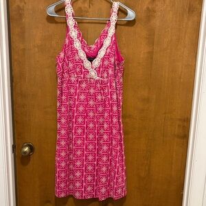 430. Lily Stanhope Women’s Hot Pink Midi Dress with Cream Lace Trim